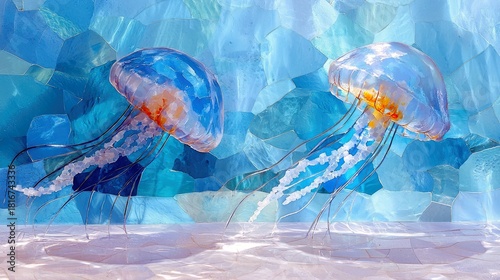 Two translucent jellyfish with blue and orange bodies and long white tentacles drift gracefully in a vibrant blue mosaic underwater environment with light refle