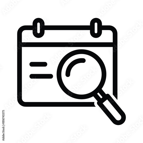Calendar with magnifying glass icon representing date search, schedule review, or event planning, isolated on