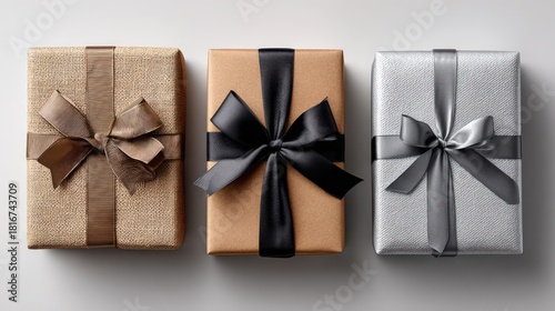 Three rectangular packages wrapped in varied materials and tied with elegant satin bows are displayed in a row