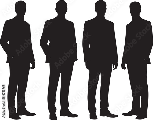 Four distinct male business professionals standing in a line as a dark silhouette isolated on transparent background