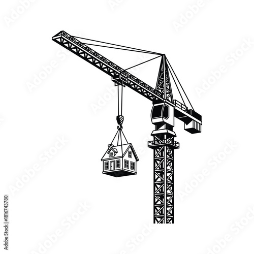Construction crane lifting a house, concept of real estate development and housing, isolated on