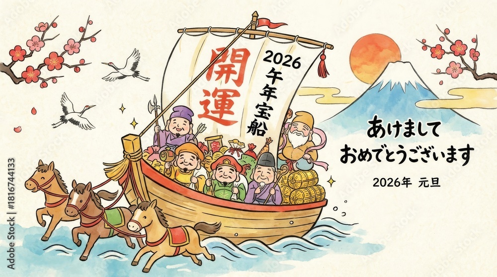 Obraz premium Japanese New Year Celebration 2026 - A colorful illustration of a Japanese New Year celebration in 2026 featuring a treasure ship pulled by horses