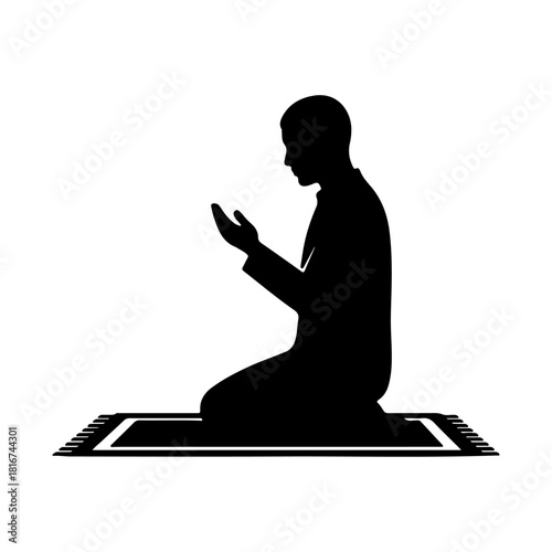 Black silhouette of a person praying in Dua posture. Peaceful, spiritual theme with clean minimal vector style. Ideal for religious and calm settings.