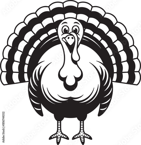 Black and White Turkey Line Art – Outlined Turkey Bird Cartoon with Turkey Animal Cartoon