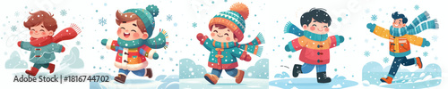 little boy swings arms happily snowing