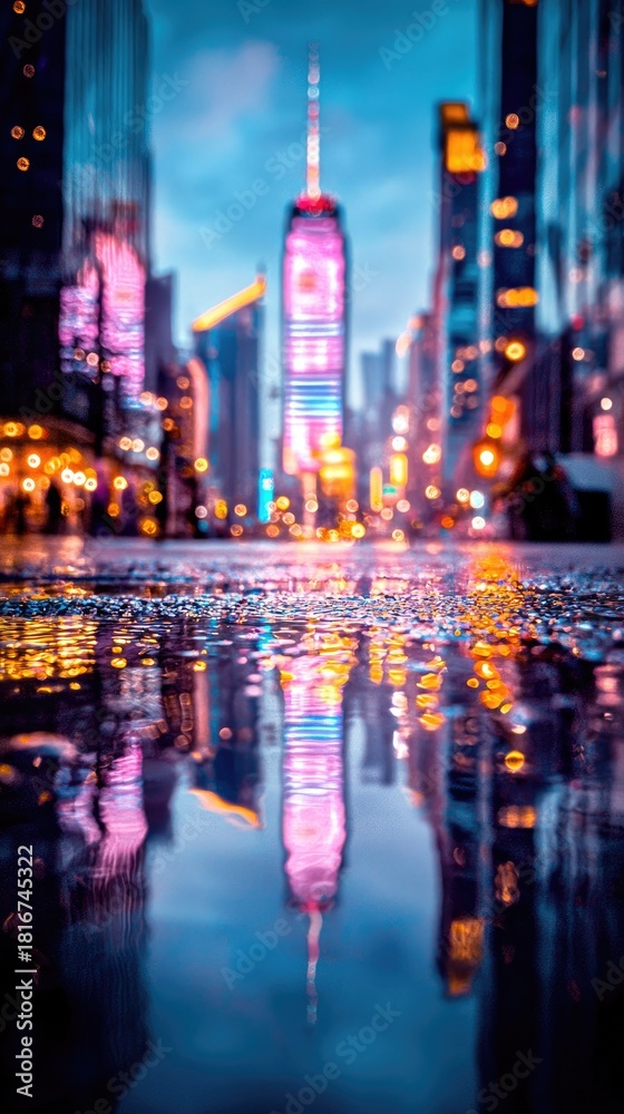 Obraz premium A low-angle view of a wet city street reflecting colorful neon lights and skyscrapers at dusk.