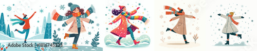 woman swings arms happily snowing