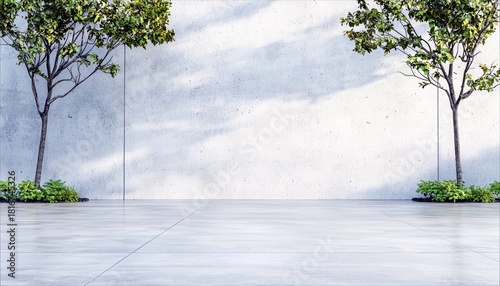 A minimalist outdoor scene featuring two trees with vibrant green foliage and dense bushes at their bases, set against a large, textured concrete wall. The grou