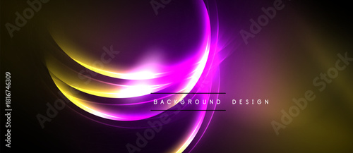 Abstract design features vibrant purple, gold curves. Dynamic light effects create modern, energetic visual. Dark background emphasizes luminosity.