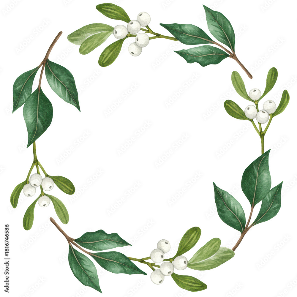 Fototapeta premium highly detailed traditional watercolor of festive mistletoe sprigs with emerald leaves and white berries, forming a delicate corner frame on a transparent background with copy space. concept of