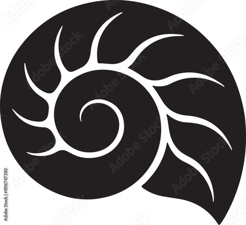 Stylized black nautilus shell spiral silhouette isolated on transparent background