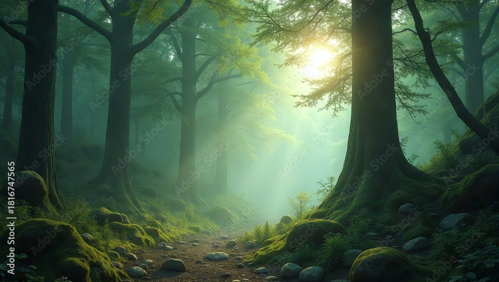 Naklejka premium Mystical Fantasy Forest Landscape (Green)