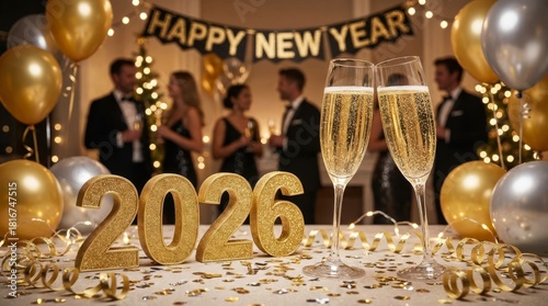 New Year Celebration in 2026 - A festive New Year celebration with champagne flutes, balloons, and a banner wishing a happy new year in 2026