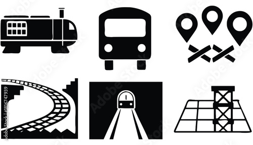 Black and white transportation icons featuring trains and train tracks