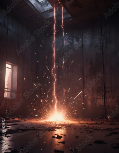 Raw energy bolt strikes abandoned concrete room floor
