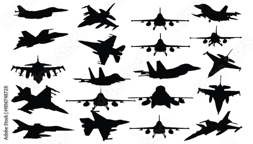 Silhouette illustration showing various fighter jets on white background