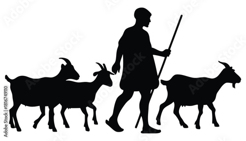 Shepherd herding goats silhouette vector image illustration
