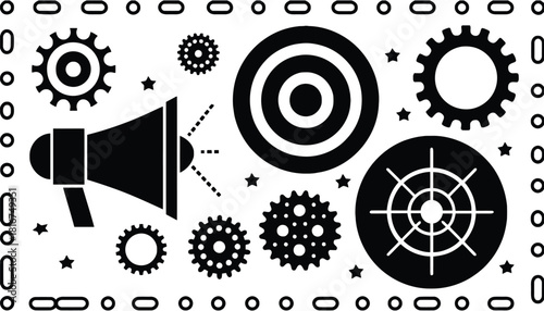 Black and white graphic with megaphone gears target and star shapes