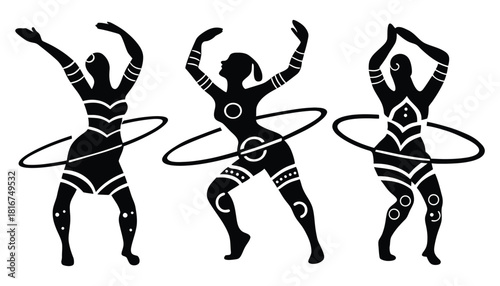 Hula hoop fitness class black and white silhouette vector art
