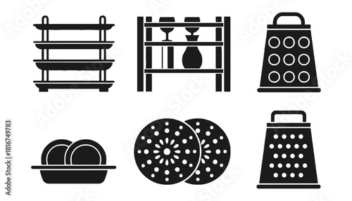 Illustration of kitchenware items including shelves and graters