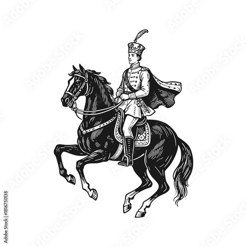 Knight riding his horse. Black white vector illustration.