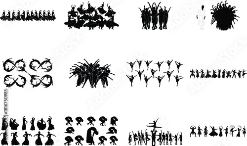 Diverse collection of dancing and yoga silhouette figures