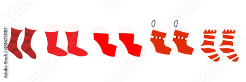 Red Christmas socks Set. Flat Christmas cartoon characters.