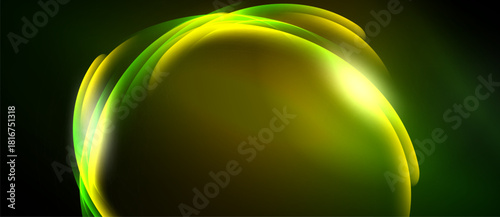 Abstract glowing form dominates dark background. Yellow, green hues blend creating dynamic visual effect. Smooth curves suggest energy, movement.