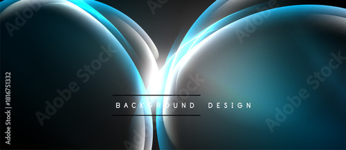 Abstract design features flowing blue shapes, bright light streaks. Dark background enhances visual impact, creating modern aesthetic.