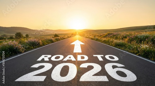 Road to 2026 at Sunrise - An open road with the text 'Road to 2026' symbolizes ambition, journey, aspiration, future, and progress