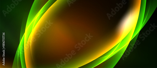 Abstract design features vibrant green, gold hues. Smooth curves create dynamic flow, contrasting dark background. Modern, energetic composition.