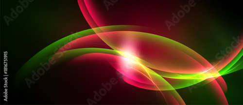 Abstract waves, vibrant colors blend. Dynamic light creates flowing forms, smooth gradients, dark background. Elegant design.