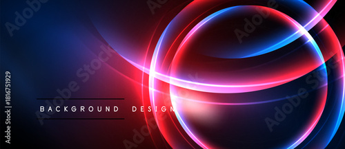 Abstract neon lines create dynamic circular shapes. Vibrant blue, pink hues dominate dark background. Modern design element.