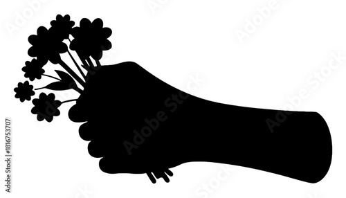 Silhouette of hand holding a bouquet of flowers on a white background