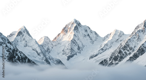 Five distinct, snow-covered granite mountain ranges, jagged icy peaks, severe glacial formations, set against a transparent void backdrop, emphasizing deep shadows and scale. Concept of sublime