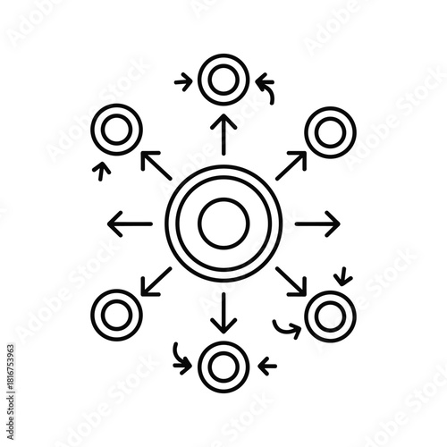 Central hub and spoke diagram showing distribution and connection concept with arrows and circular node isolated on