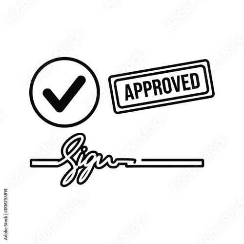 Set of black and white line art icons representing signature, approval stamp, and check mark isolated on