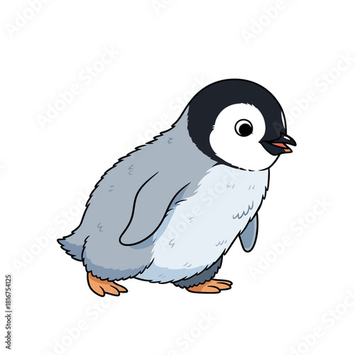 Cute penguin chick standing alone in white background.