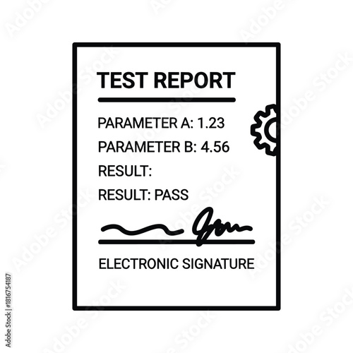 Black and white icon of a test report document showing parameters result pass and electronic signature isolated on