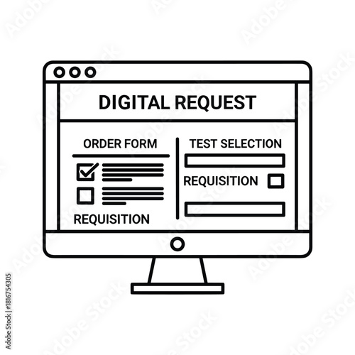 Outline icon of a digital request form displayed on a computer monitor screen, isolated on