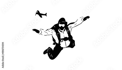 Silhouette of skydiver with airplane and mountains in the background