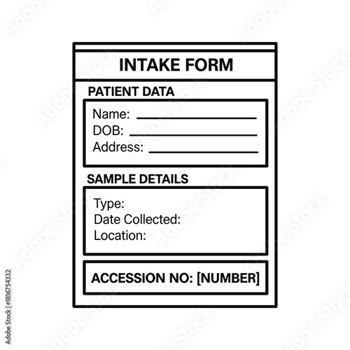 Black and white line art illustration of a medical patient intake form for sample collection and accession number tracking