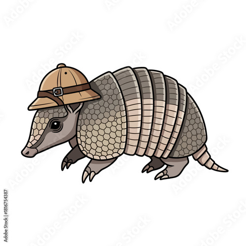 Armadillo wearing safari hat ready for adventure in the wild.