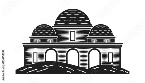 Illustration of building with domes and arches in black and white art