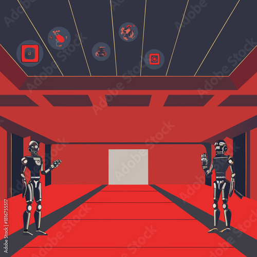 Two robots interact in a futuristic red hallway