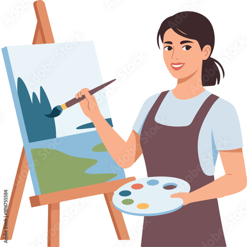 Happy woman painting a beautiful landscape on an easel with a brush and color palette vector image