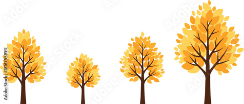 Autumn trees set, various sizes, orange and yellow leaves, fall foliage, seasonal, nature, forest, park, decorative, vector, illustration, graphic, warm, cozy, vibrant.