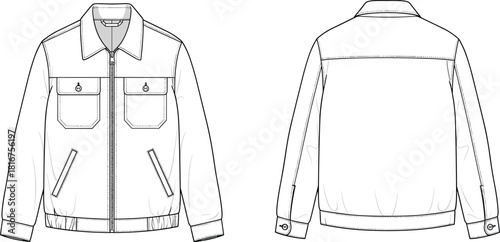 Bomber jacket technical drawing, front and back views, fashion flat sketch, outerwear design, casual, classic, streetwear, versatile, vector, illustration, garment, blueprint, modern, stylish.