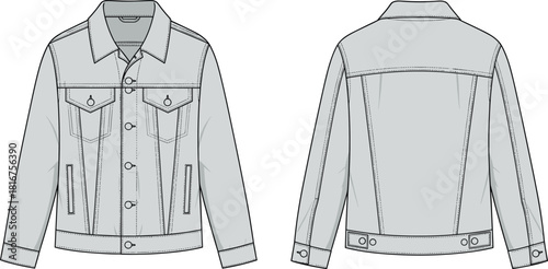Denim jacket technical drawing, front and back views, colored fashion flats, apparel design, casual, classic, trucker jacket, streetwear, versatile, vector, illustration, garment, blueprint, rugged.