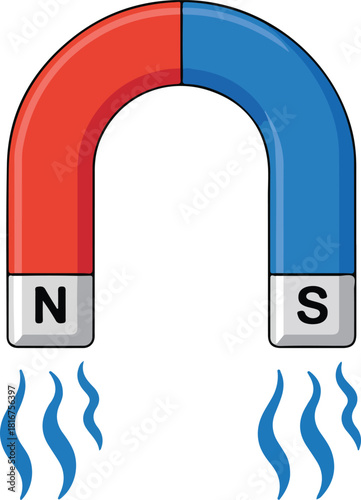 Horseshoe magnet vector icon showing red south pole and blue north pole with magnetic field lines